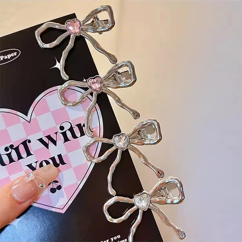 Y2k Pink Heart Hair Clips Metal Bow Side Bangs Barrette Female Ladies Girls Headwear Heart Hair Pins for Women Hair Accessories