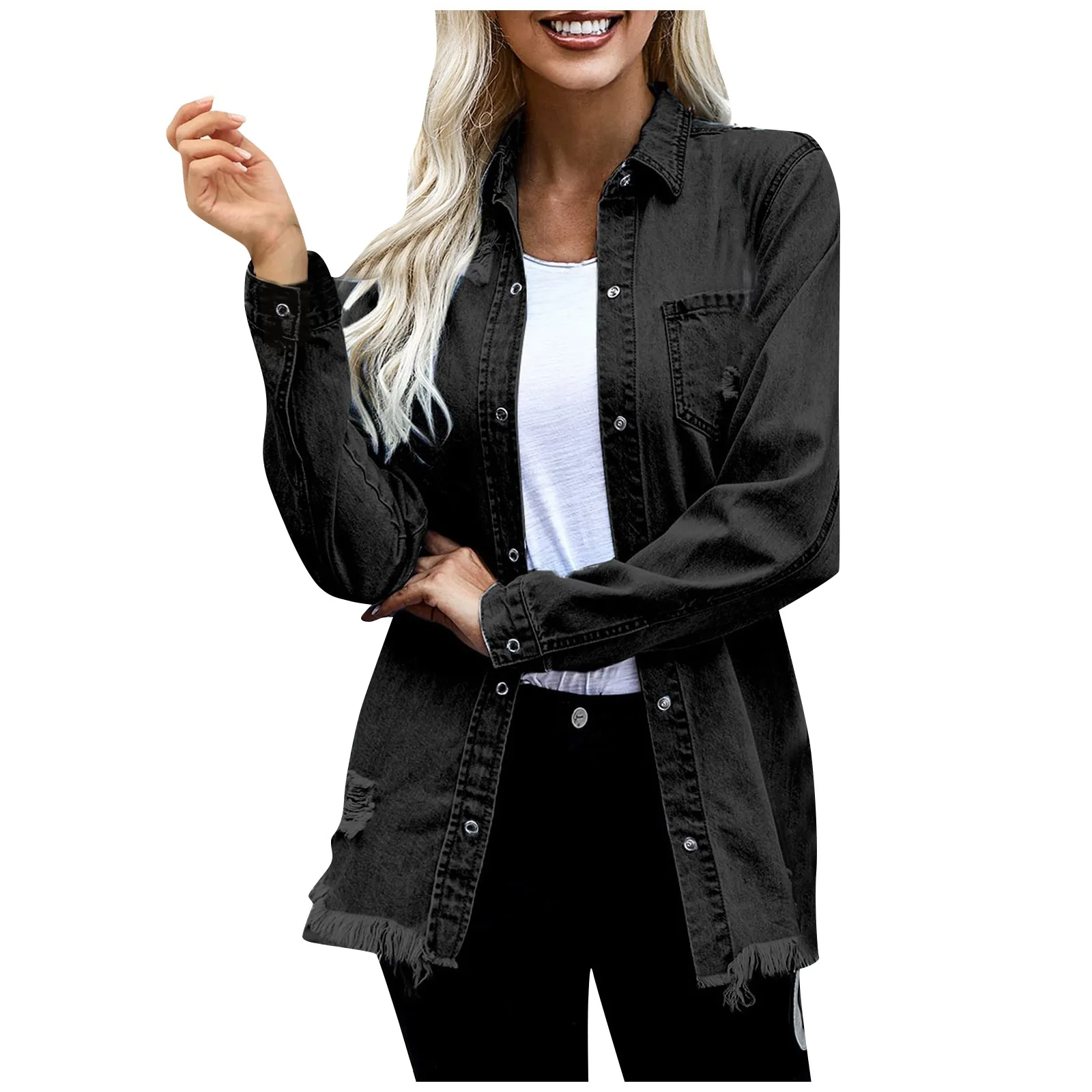 Chaquetas vaqueras desgastadas para mujer, Chaquetas vaqueras desgastadas informales, chaquetas de manga larga con botones, chaquetas rectas de motocicleta para novio, moda