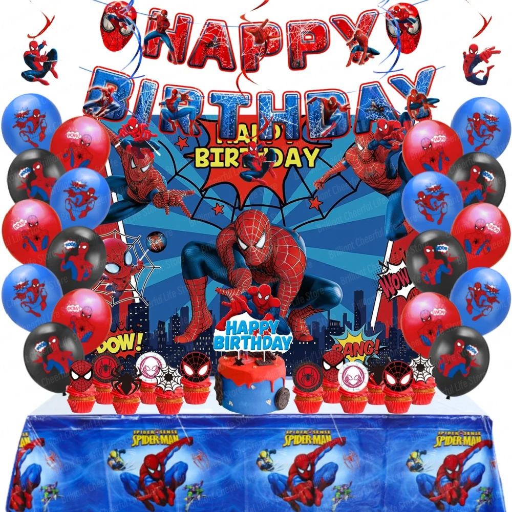 Spiderman Birthday Decorations Spider Theme Balloon Cake Topper Backdrop Tablecloth Banner for Kids Baby Shower Party Supplies