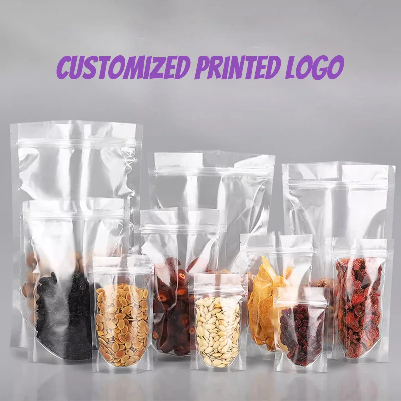 Bolsa transparente con cremallera de pie, bolsa de embalaje de regalo con logotipo impreso personalizado, nuez, azúcar, cereales