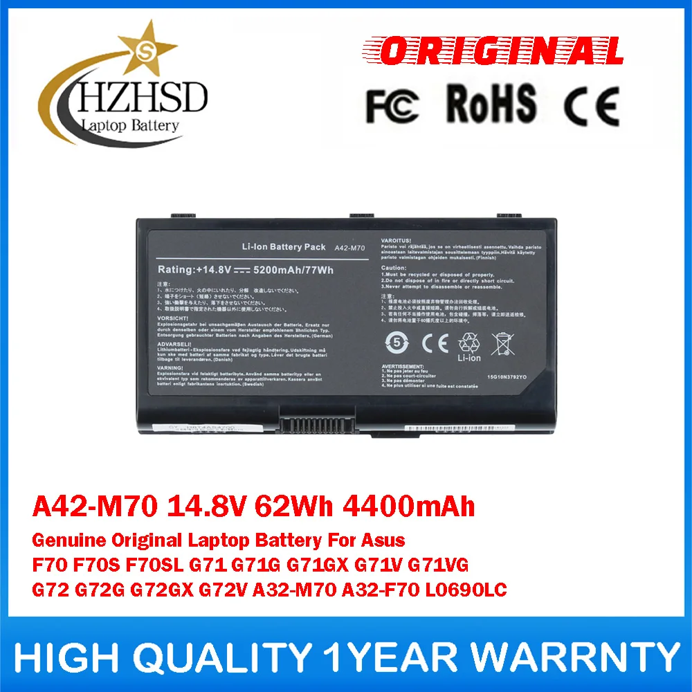 A42-M70 14.8V 62Wh 4400mAh Genuine Original Laptop Battery For Asus F70 F70S F70SL G71 G71G G71GX G71V G71VG G72 G72G G72GX G72V