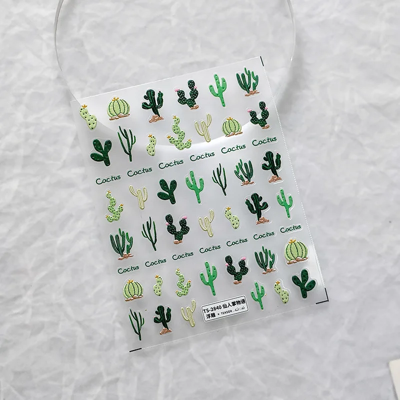 Green Plant Cute Cactus 5D Soft Embossed Relief Self Adhesive Nail Art Decoration Sticker Flower 3D Manicure Phone Decals Summer