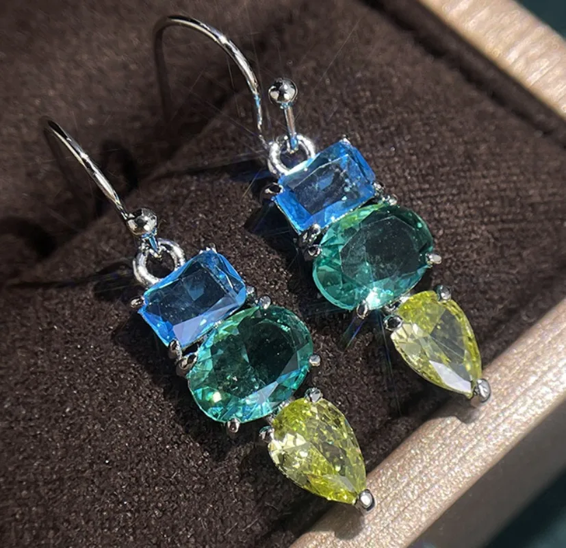 Delicate Square Oval Water Droplets Blue Green Yellow Stone Earrings Fashion Metal Silver Color Engagement Dangle Earrings