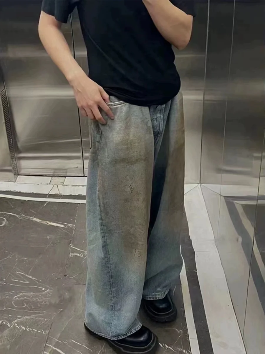 

Повседневные рваные джинсы свободного прямого кроя с широкими штанинами, осенне-зимние универсальные длинные брюки с эффектом грязевого окрашивания, молодежная мода
