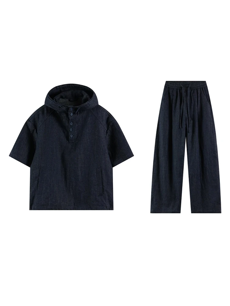 

Loose Cotton Linen Hooded Short Sleeve Casual Set for Men Summer New Style Trendy Straight Leg Pants Two Piece Suit
