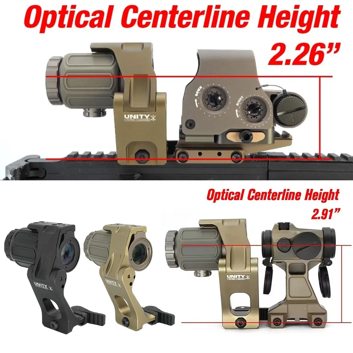 Unity Tactical, système de montage rapide Unity FTC OMNI avec levier QD, hauteur optique 2,26 et 2,91, pour supports de lunette EOTECH G33, G43, G45.