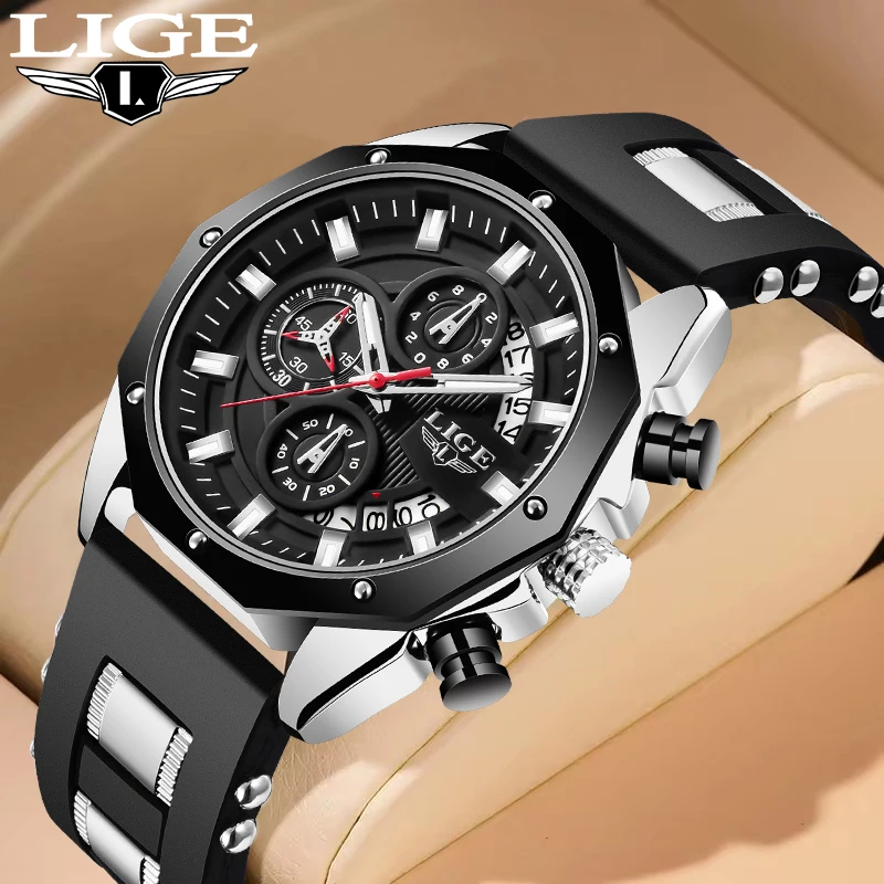 Reloj LIGE de cuarzo para hombre, estilo retro, correa de silicona, resistente al agua, deportivo, informal, militar, con caja de regalo.