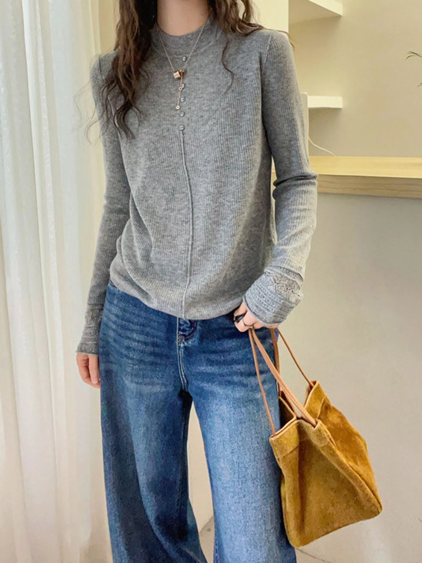 

Winter Women's Long Sve Knitted Sweater Color Versatile Base Layer Design Comfortable Soft Korean Sle Commute