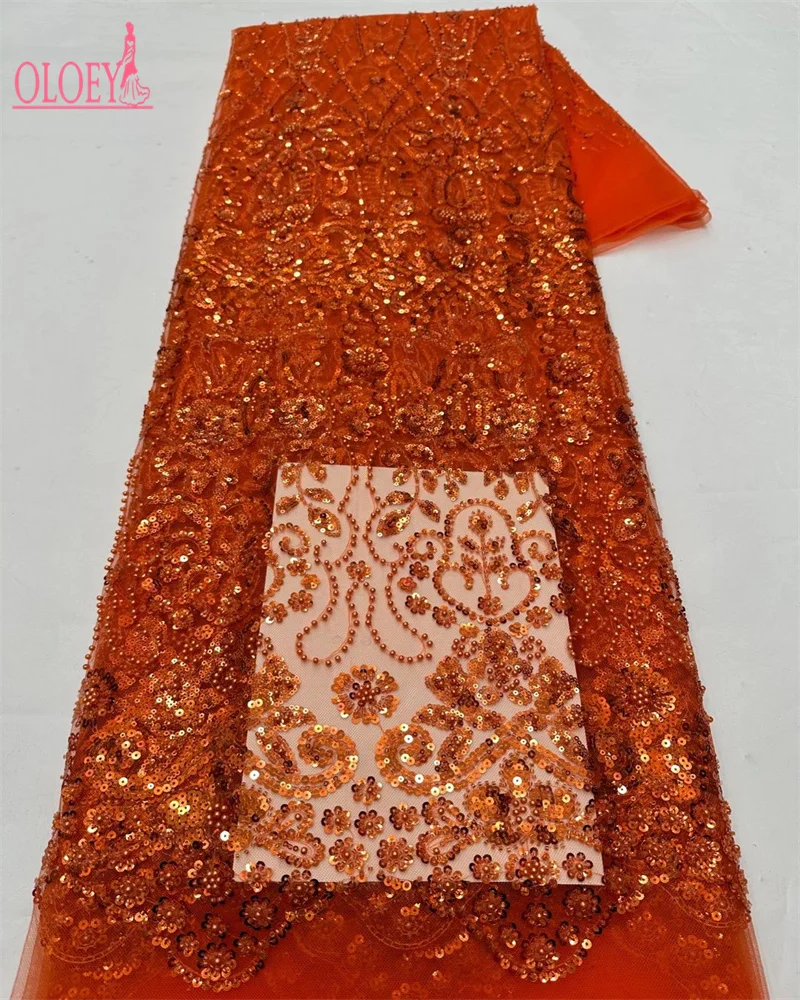 

African Sequins Beaded Lace Fabrics High Quality Sequence Embroidery French Nigerian Lace Fabric For Wedding Sewing