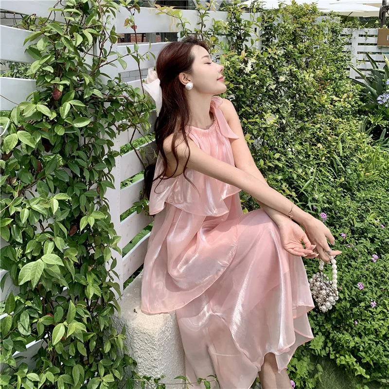

2024 Pink Sleeveless Elegant Women Summer Layered Ruffles High Waist Beach Holiday Dresses With Tied Bow Long Dress