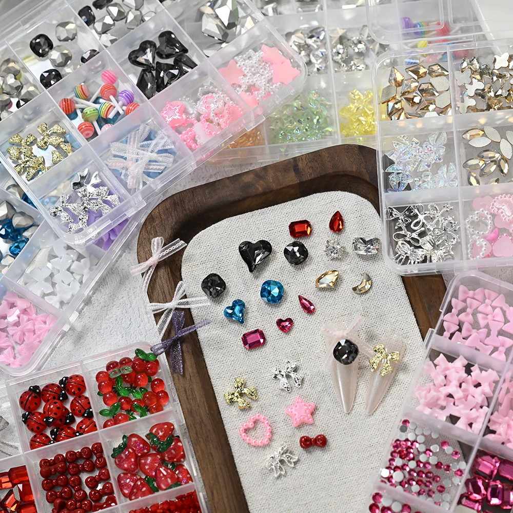 12 griglie multi-forme rosa rosa diamanti strass per unghie e resina fiocco rosa nastro ciondoli per unghie kawaii gemme posteriori piatte artigianato per unghie