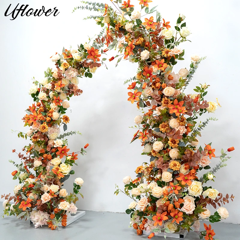 

Uflower Wedding Backdrop Horn Arch Decor Champagne Rose Orange Flower Wall Floral Arrangement Event Party Stage Flower Row Stand