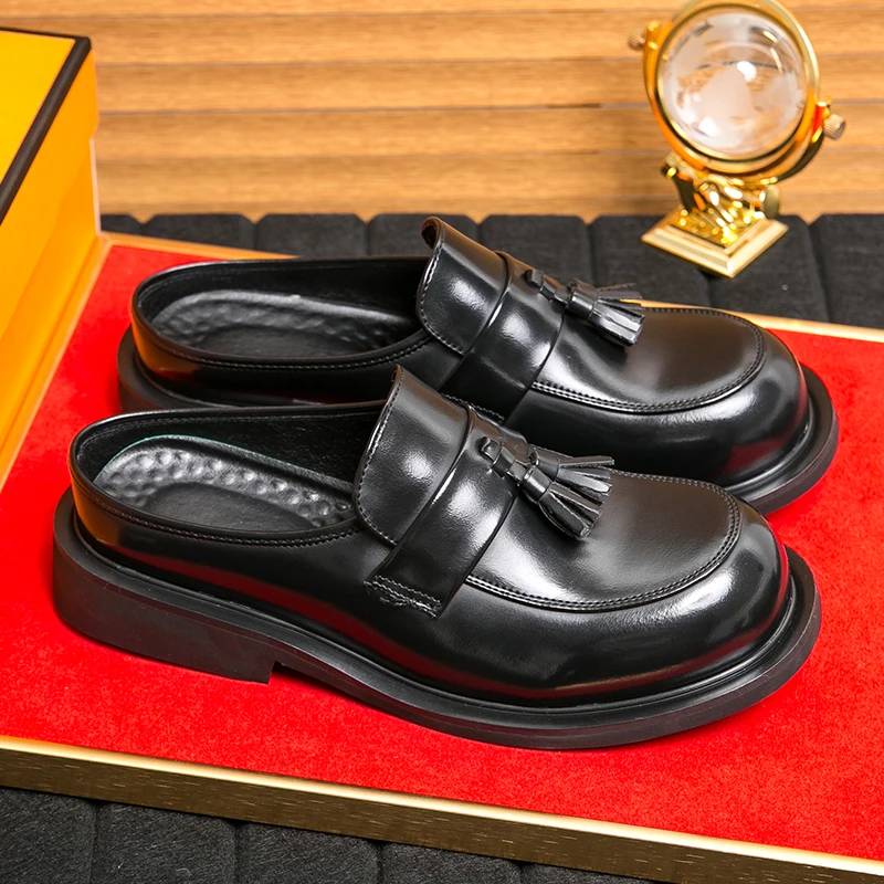 Men Fashion Tassel Shoes Black PU Thick Sole Anti slip One Step Step Business Brand Half Slippery Leather Shoes 38-46 Men Shoes