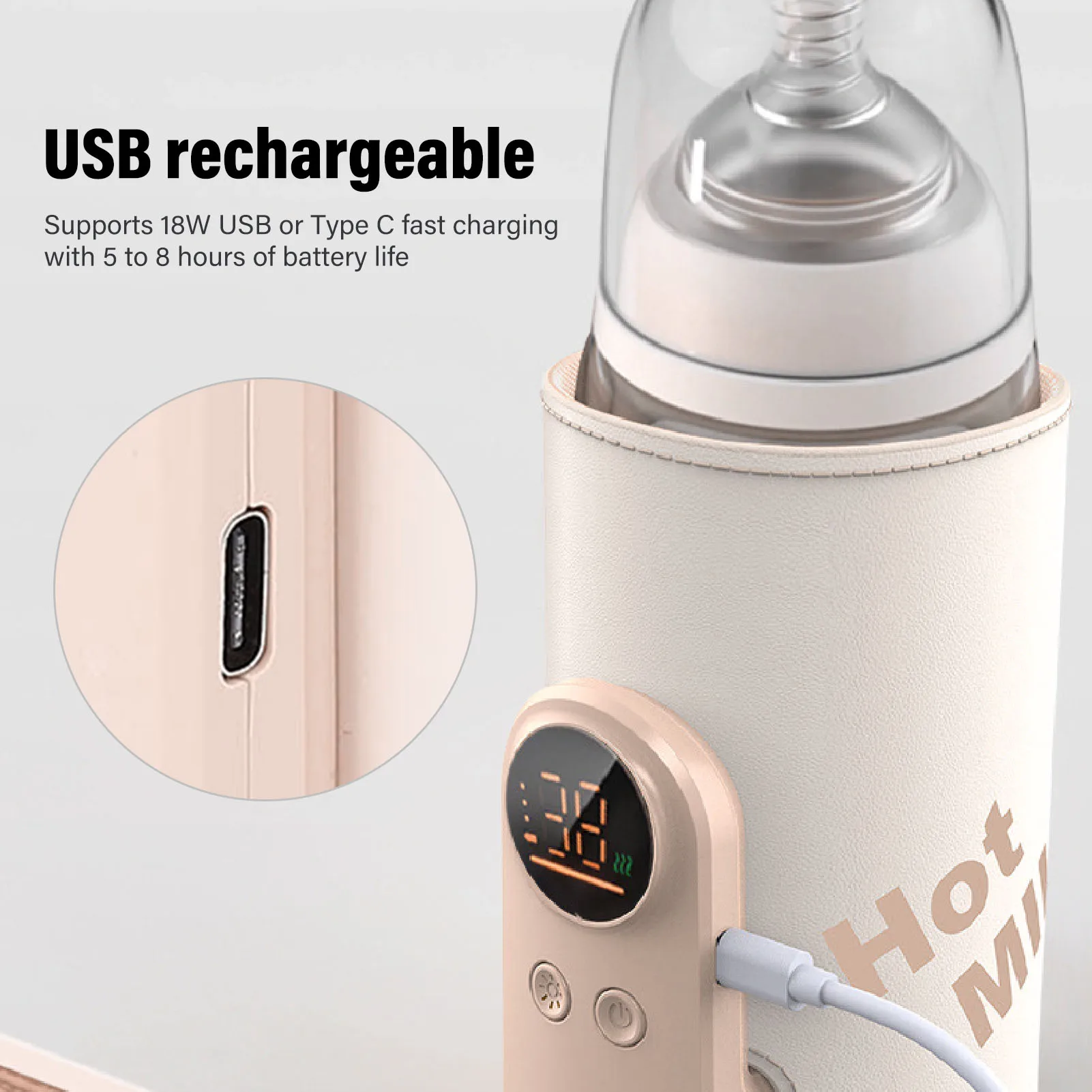 

Подогреватель бутылочек с молоком, изолированный USB перезаряжаемый подогреватель детских бутылочек, постоянная температура, тихий нагрев для путешествий
