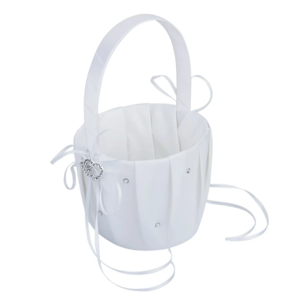 الأبيض 15X15 سم وسادة خاتم الساتان تألق حجر الراين مزدوجة القلب مشبك لحفل الزفاف سلة للزهور