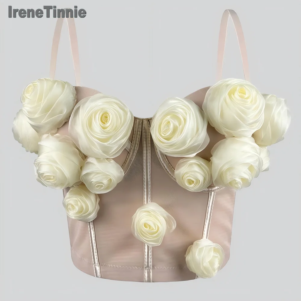 IRENE TINNIE 2025 Zomer Casual Outfits 3D Bloem Tops Vrouwen Elegante Stereoscopische Bloem Mesh Corset Sexy Korte Crop Top Mujer