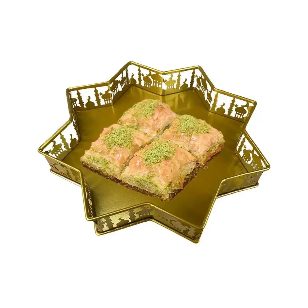 

Gift Muslim Ramadan Food Tray Iron Octagonal Shaped Cupcake Holder Tray Gold Hollow Design Dinner Plate Tray Home Decoration
