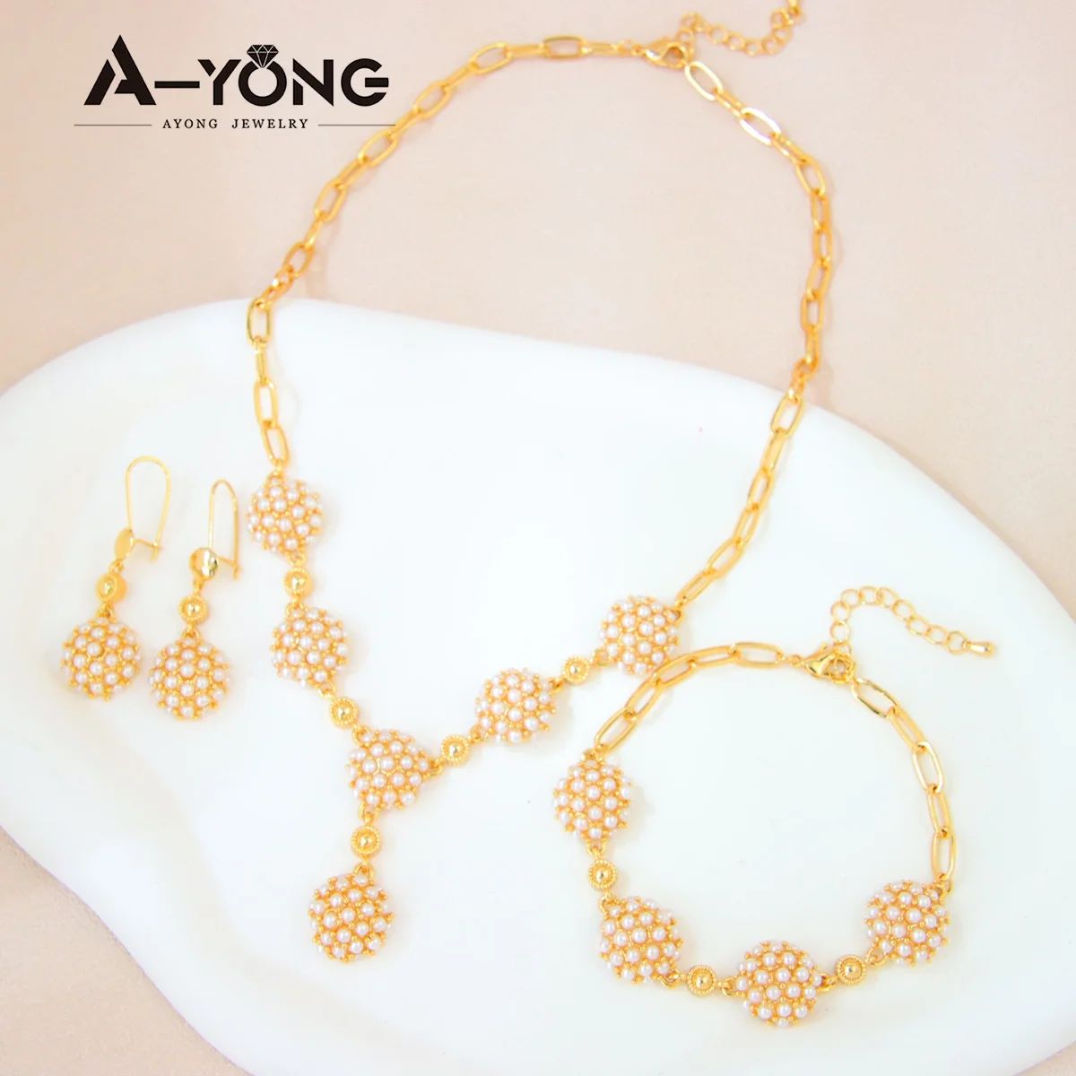 Italienisches goldfarbenes Perlen-Halsketten-Set, 21 Karat vergoldet, Dubai, eleganter Ramadan-Schmuck, arabisches islamisches Mutter-Geburtstagsparty-Geschenk – Detail 9
