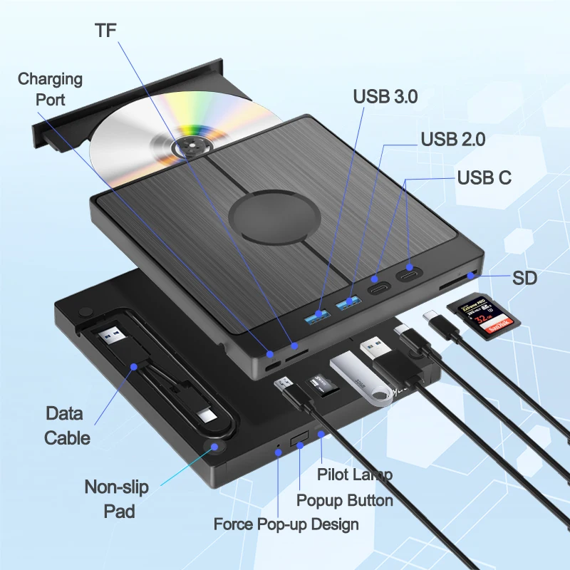 Imagem -03 - Óptica Blu-ray Externa Portátil Bluray Player cd Dvd Gravador Queimador Leitor para Computador Portátil Windows Mac 7-em1 Unidade