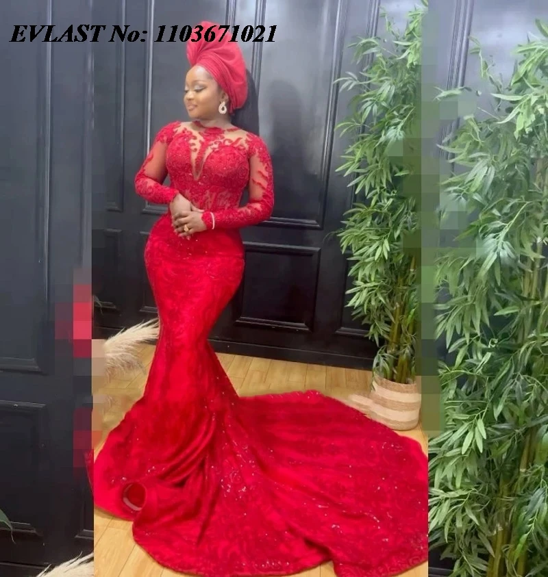 EVLAST Red Sequin Lace Prom Dress Nigerian Women Long Sleeve Mermaid Formal Party Dress Aso Ebi Special Occasion Gowns P154