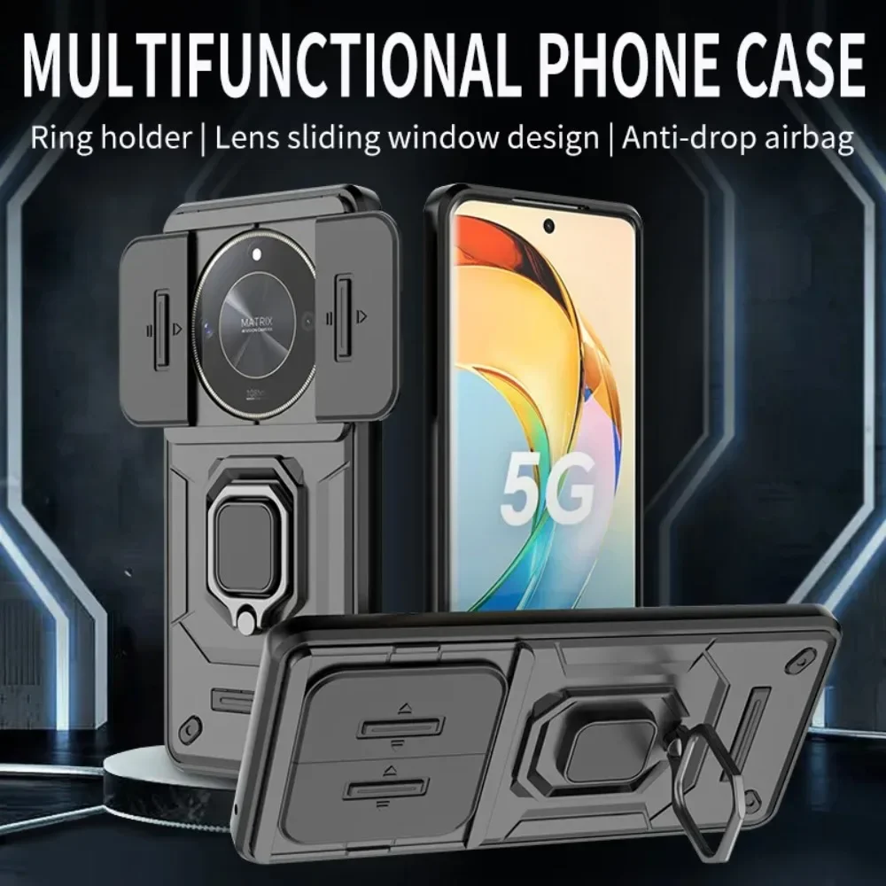 For Honor 90 X9a X9b 90GT 100 200 Pro Magic 5 6 Magic6 Lite Armor Phone Case with Slide Camera Lens Protection Ring Holder