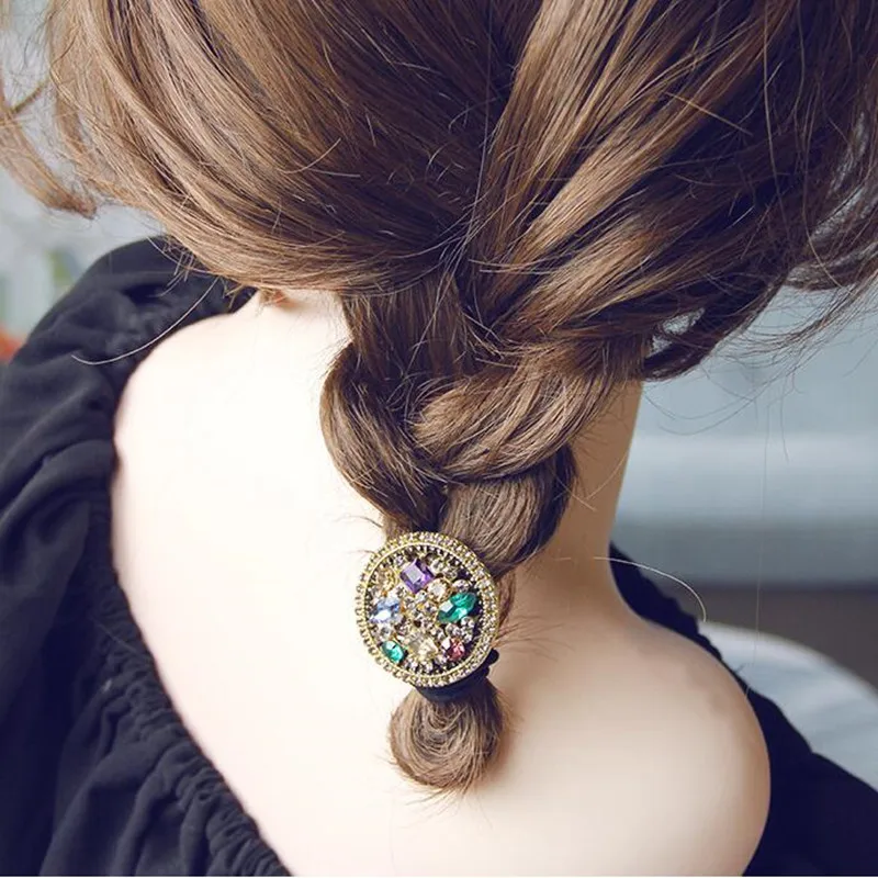 Korean Fashion Rhinestone Elastic Hair Rubber Bands For Girls Tie Hair Ring Rope Scrunchie Office Accessories Ponytail Headdress