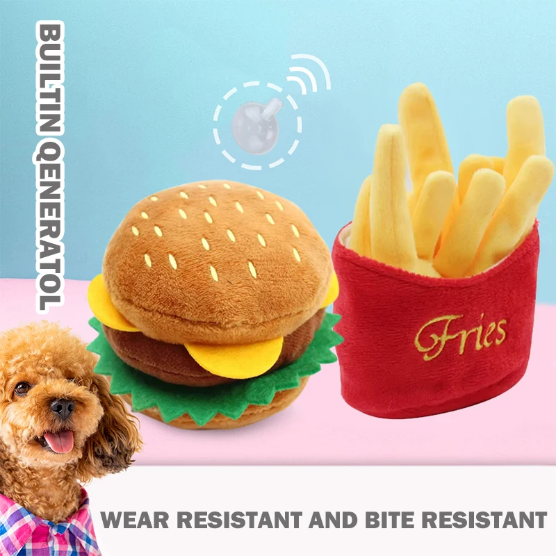 Plush Dog Toys Squeaky Dogs Interactive Pet Perros Toy Soft Squeeze Sound Bite Resistant Teeth Training Chew Fries Humburger