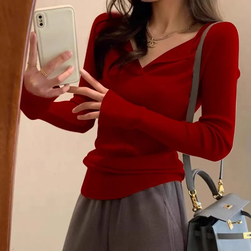 

Вязаная базовая рубашка с v-образным вырезом во французском стиле ретро, вязаный топ для женщин, осенне-зимний облегающий свитер, вязаная футболка