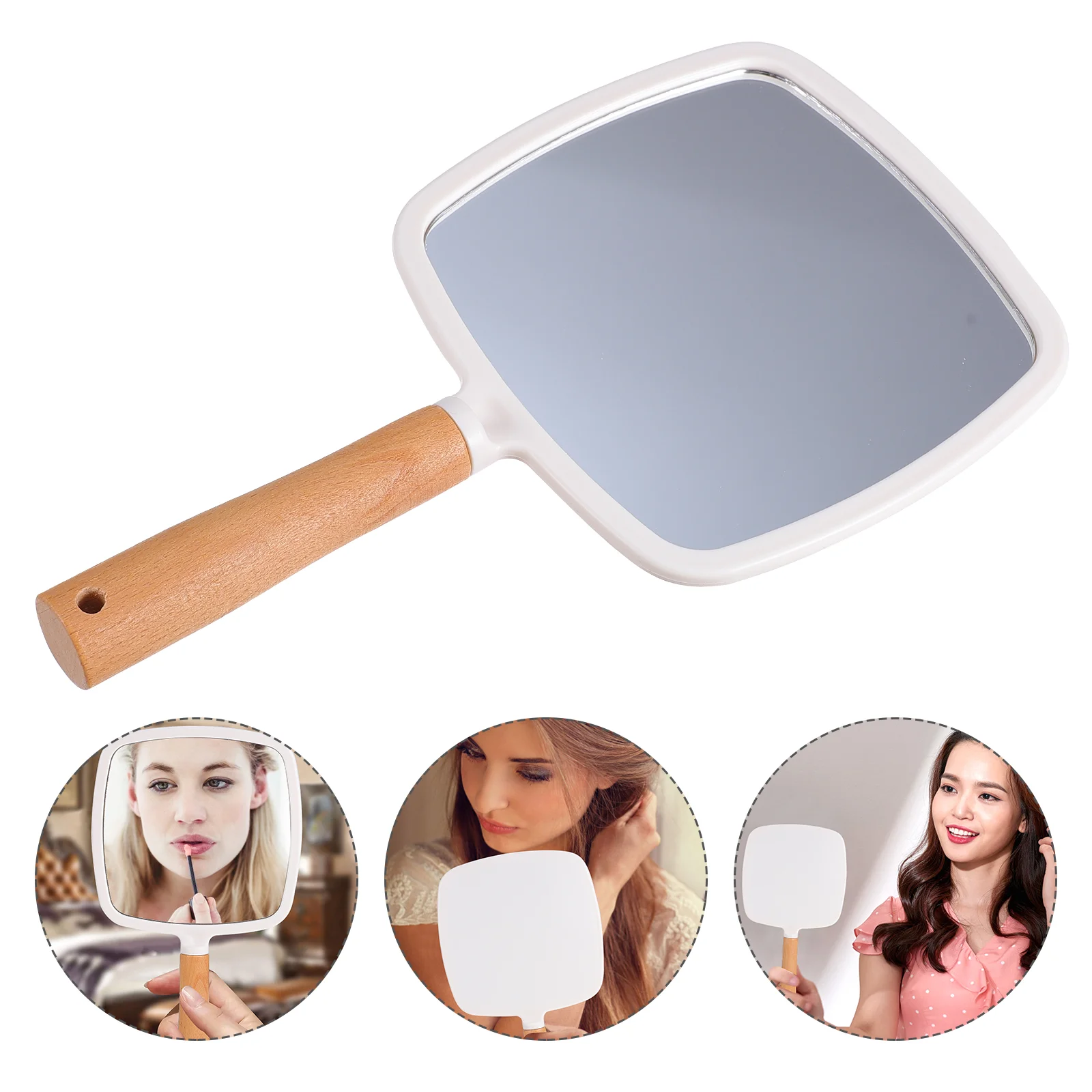 Handle Mirror Vanity Salon Handheld Women Portable Makeup Barber Wood The