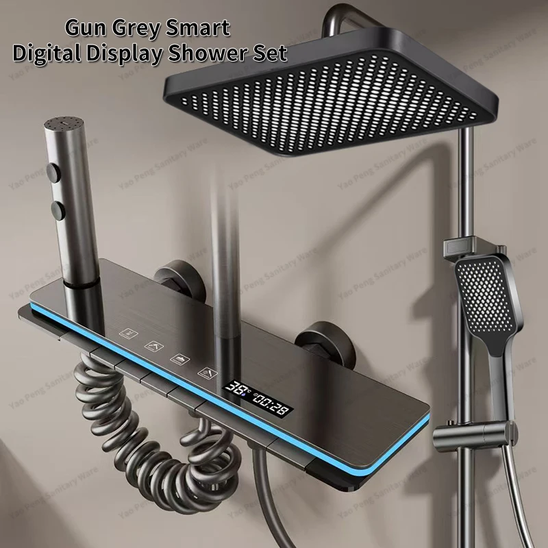 

Gunmetal gray piano with light constant temperature display shower head a complete set of household bathroom shower rain shower