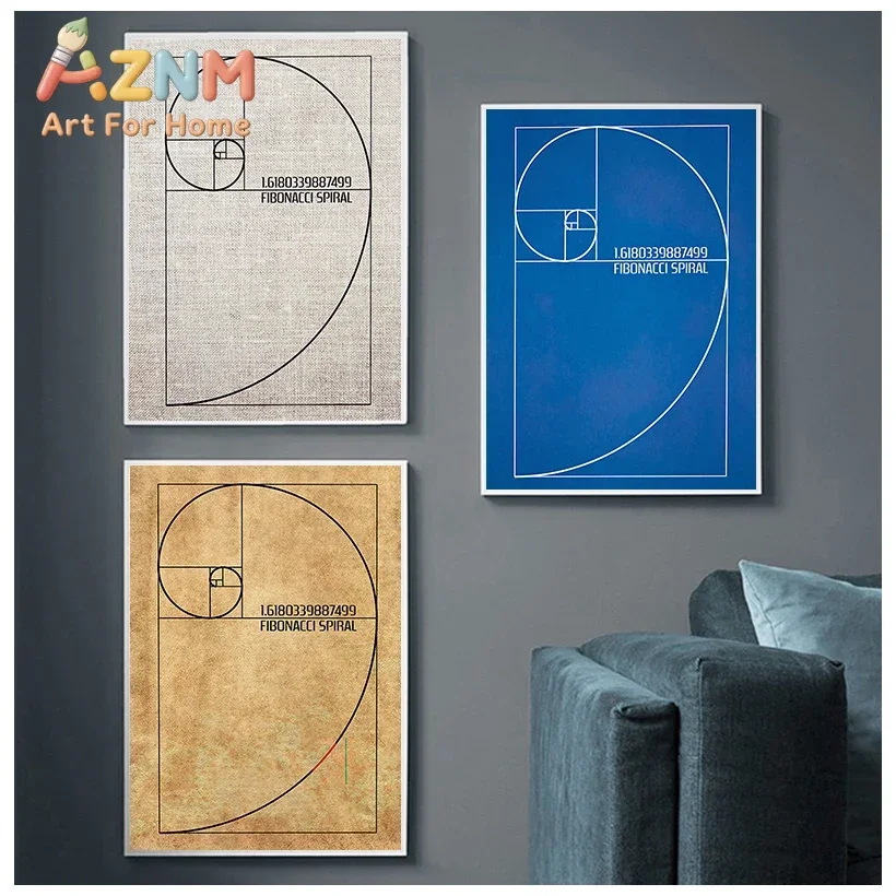 Golden Ratio Fibonacci Spiral Patent Canvas Painting Vintage Blueprint Wall Art Poster Print for Science Decor Gift Idea