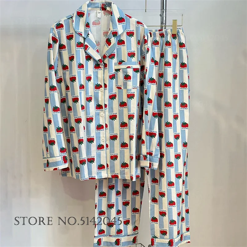 

Cotton Female Pajamas Set Cartoon Blue Stripes Long Sleeve Trouser Suits Loungewear Spring New Loose Casual Homewear Nightwear
