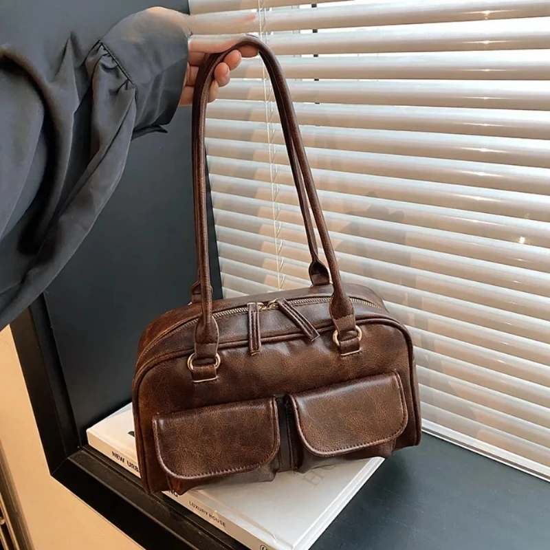 

Vintage Women Business Shoulder Bags Simple Ladies Commute Tote Bag Pu Leather 2 Pocket Chic Female Underarm Hand Bag Handbags