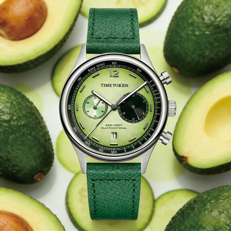 TIME TOKEN Quartz Chronograph Wristwatch Leather Strap Miyota OS21 Movement Casual Fashion  Men's Summer Fresh Fruit Series T501