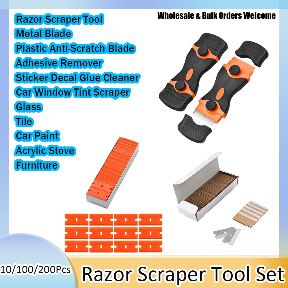10/100/200PCS Double Ended Plastic Razor Scraper Tool with Metal & Plastic Replacement Blades Set for Car Window Glass Decal