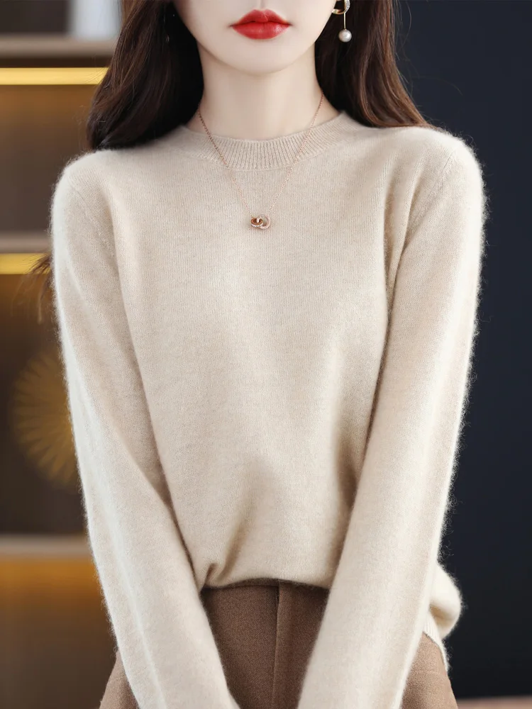 Spring Autumn Knitwear 100% Merino Wool Women' Sweater Long Sleeved O-neck Solid Color Pullover Soft Base Sweater Casual Tops