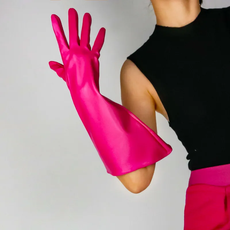 15 Zoll (38 cm) lange modische Handschuhe aus Kunstleder, PU, hellviolett, Lavendel, Flieder, Puffärmel, weit, locker, große Größe, Nachtclub, sexy – Detail 35