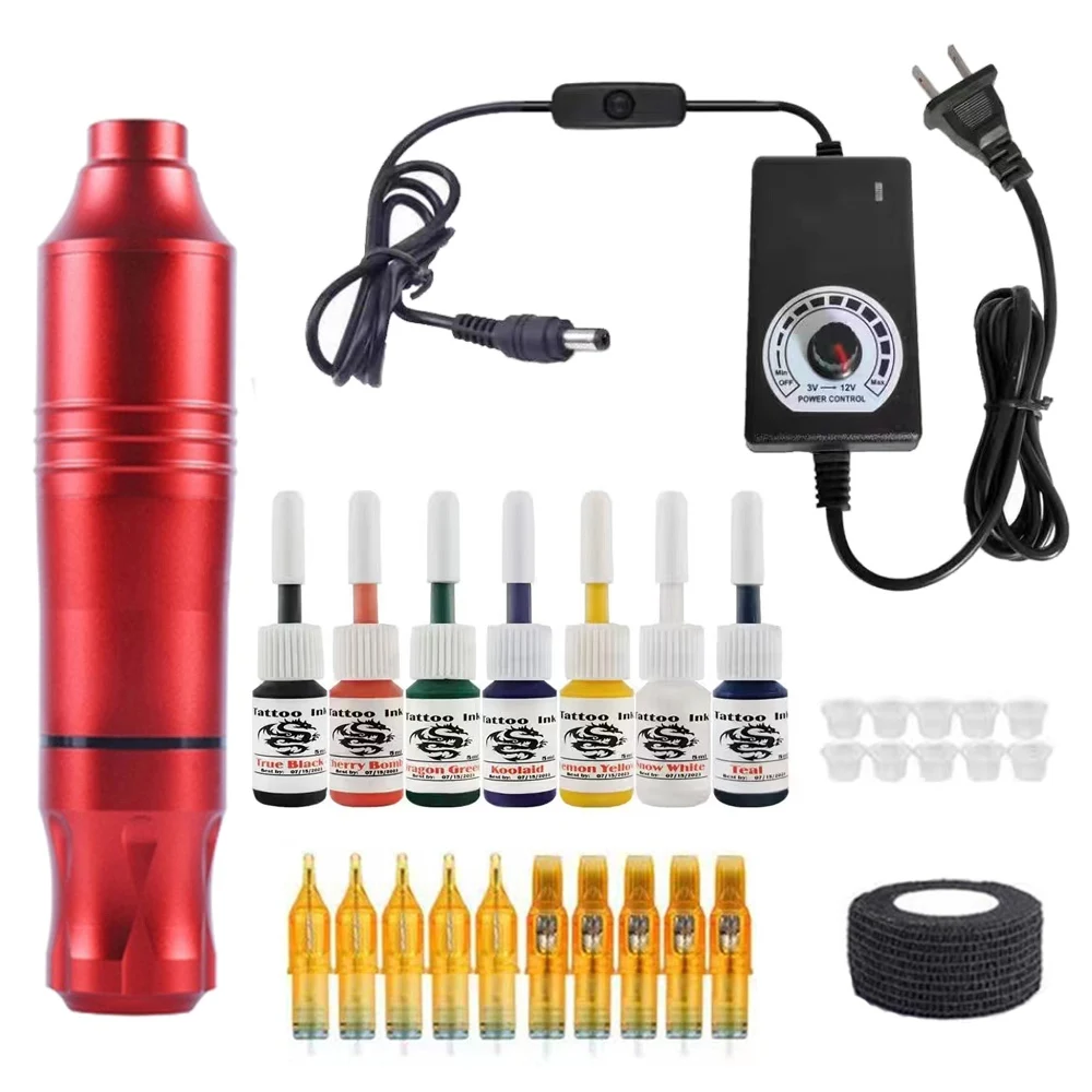 Seven color ink tattoo pen kit Motor movement powerful,low-noise efficient tattoo machine Cutting line and fogging integrated