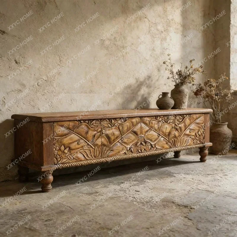 Style Furniture Carved Locker Floor Cabinet Elevated Bedroom Old Elm TV Cabinet