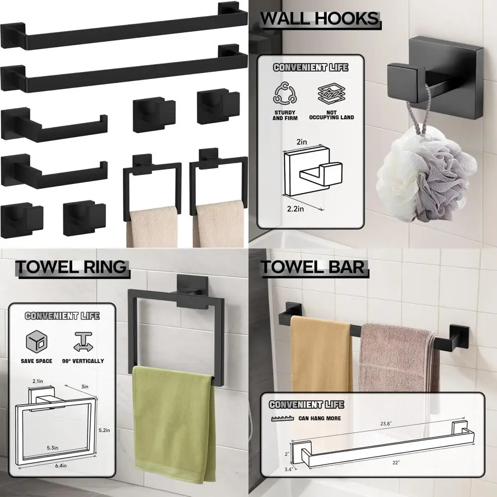 

Complete Matte Black Bathroom Hardware Set with 23.6 Towel Bar, Rings, and Toilet Paper Holder