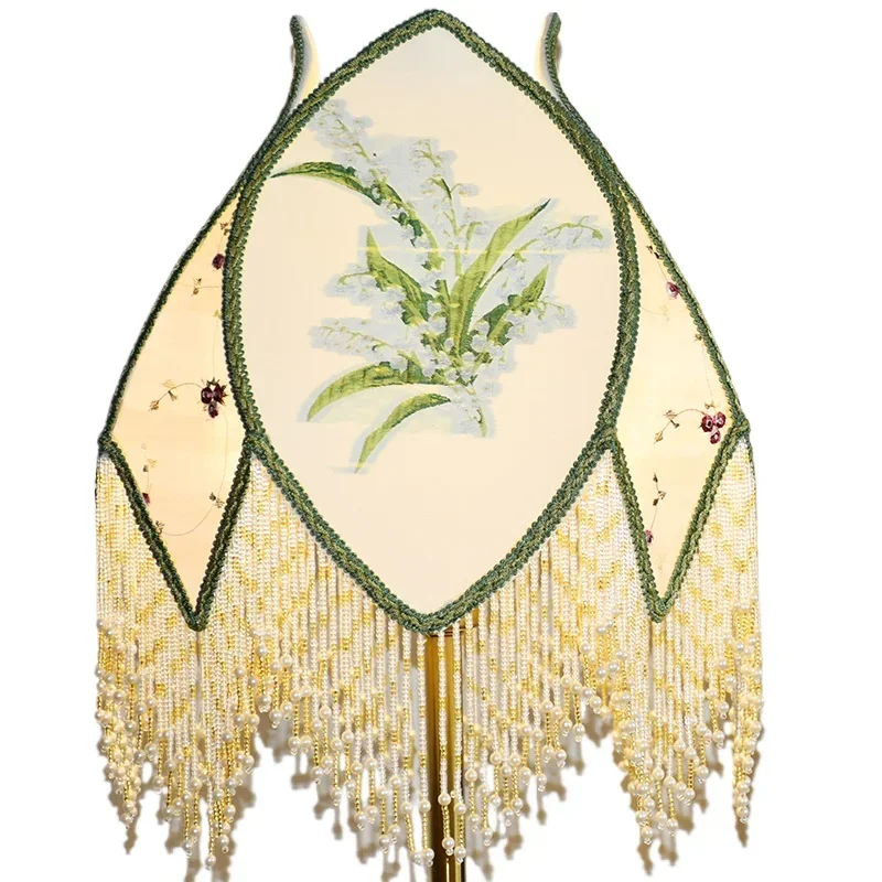 green lily of the valley French pastoral style star and moon mythical pearl hanging chain retro brass plated desk lamp shade