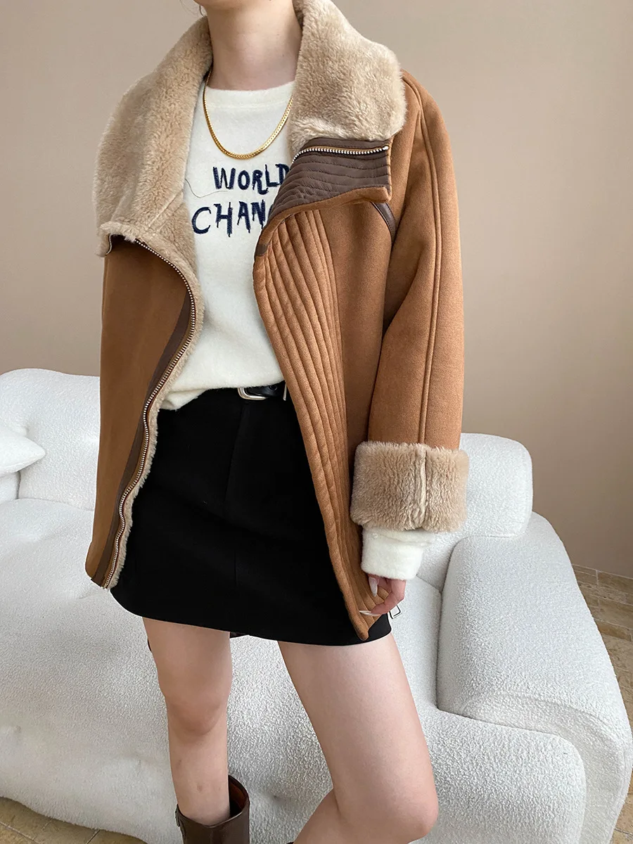 Veste ample et chaude pour femmes, couleur unie, style moto rétro, fausse fourrure, une pièce, revers