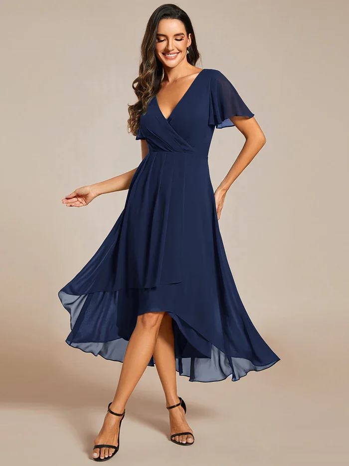 Ever Pretty Women\'s Asymmetrical Hem Ruffles Sleeve Pleated V-Neck A-Line Midi Chiffon party Evening Dress