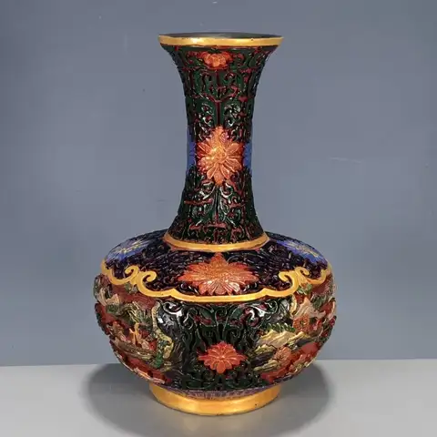 A replica of a Qing Dynasty Qianlong relief landscape flat-belly vase lacquered vase