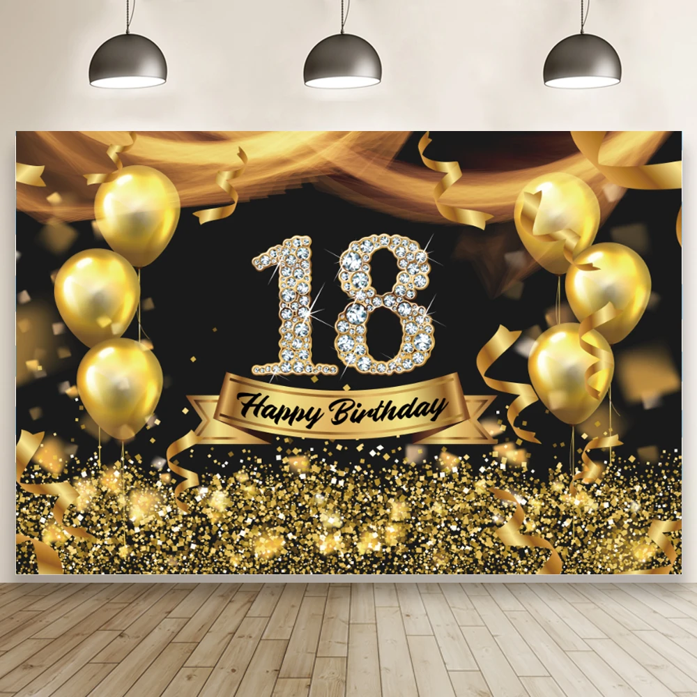 

Happy 18th Birthday Backdrop Black Gold Boys Girls 18 Years Old Birthday Party Custom Photography Background Photo Studio Props