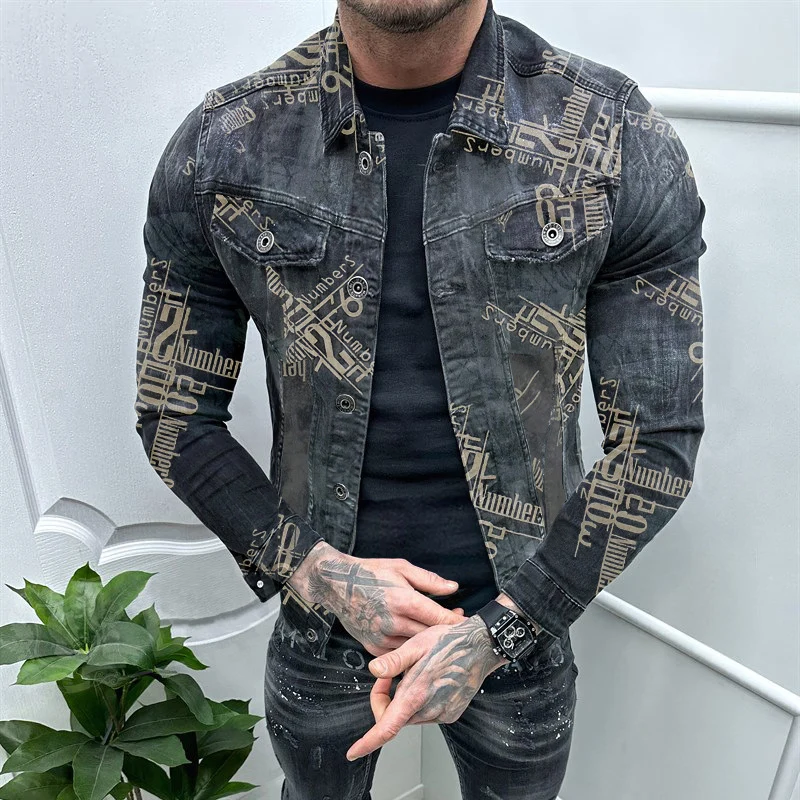 2024 Autumn Casual Mens Denim Jackets Vintage Button-up Turn-down Collar Denim Shirt Men Coats Fashion Letter Printed Cardigans