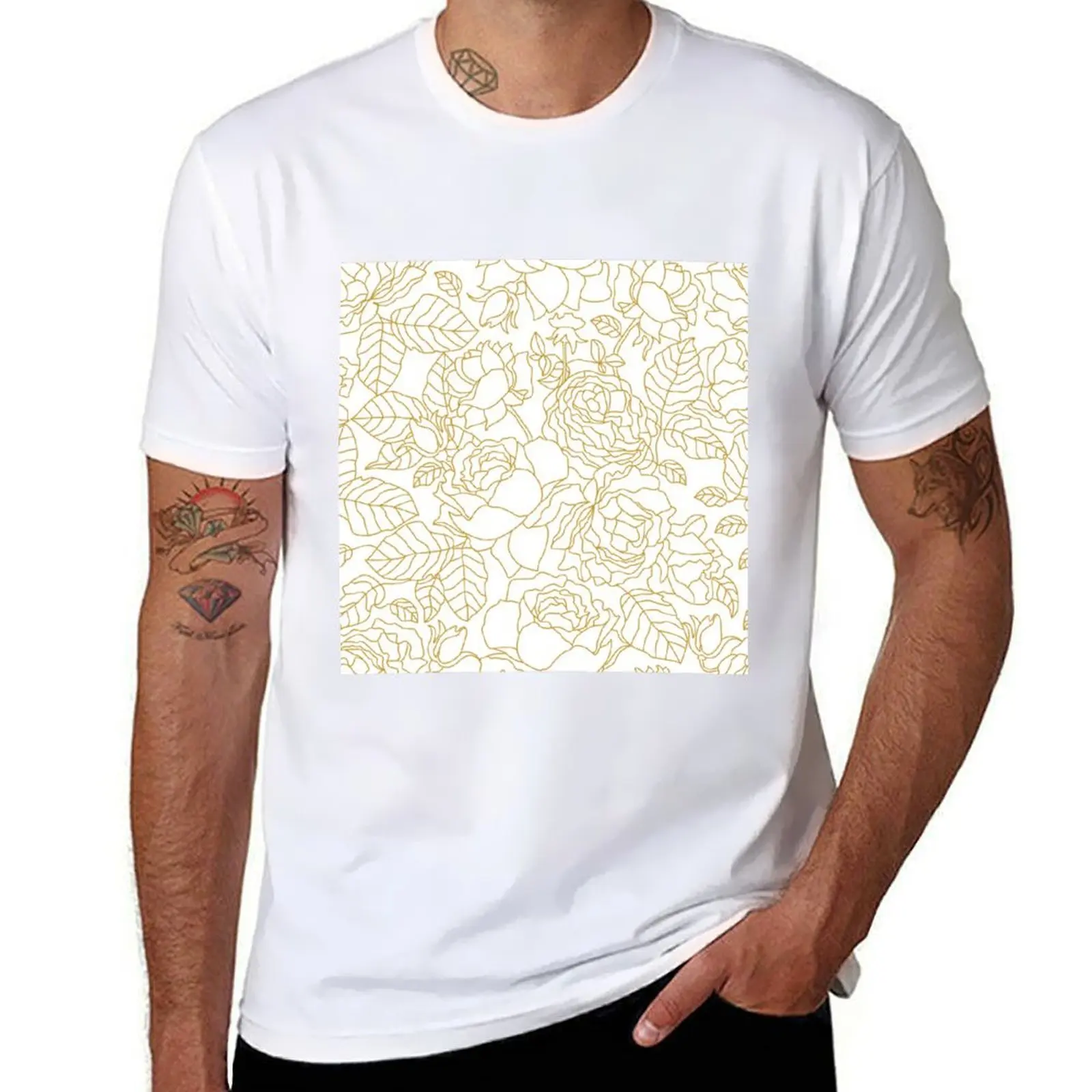 

White and golden linear pattern with blooming summer roses and leaves. T-Shirt t shirt man plain T-Shirt