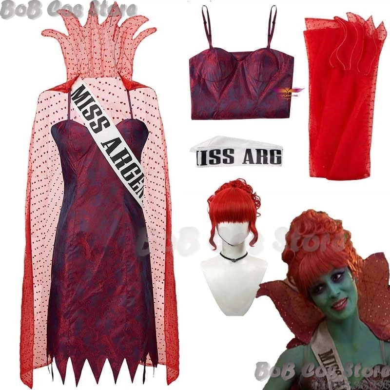 2024 NEW Beetleguese Miss Argentina Cosplay Costume Dress Cloak Organge Curly Wig Prop Women Sexy Cosplay Halloween Party Suit