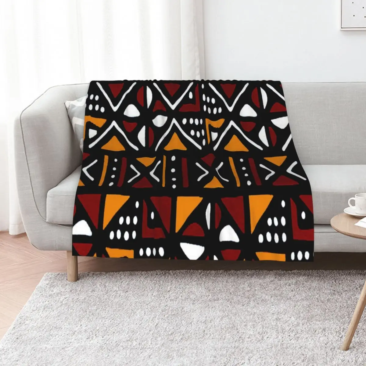Burgundy and Orange Bogolan African Pattern Throw Blanket Lightweight Warm Blanket for Indoor Outdoor Use