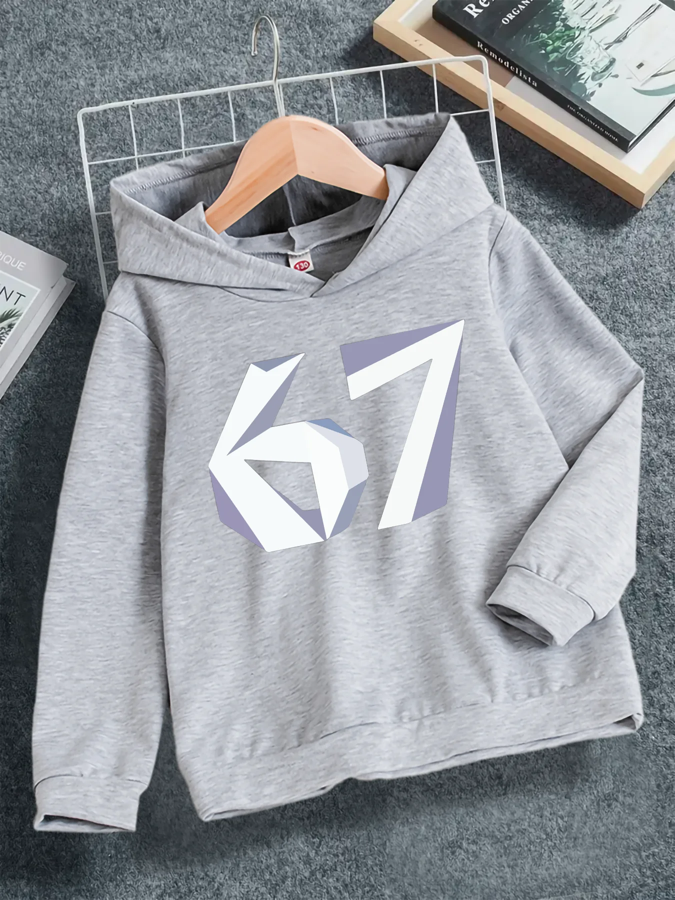 

Spring And Autumn Boys' Casual And Fashionable Three-Dimensional Effect 67 Digital Cartoon Printed Grey Hooded Sweatshirt